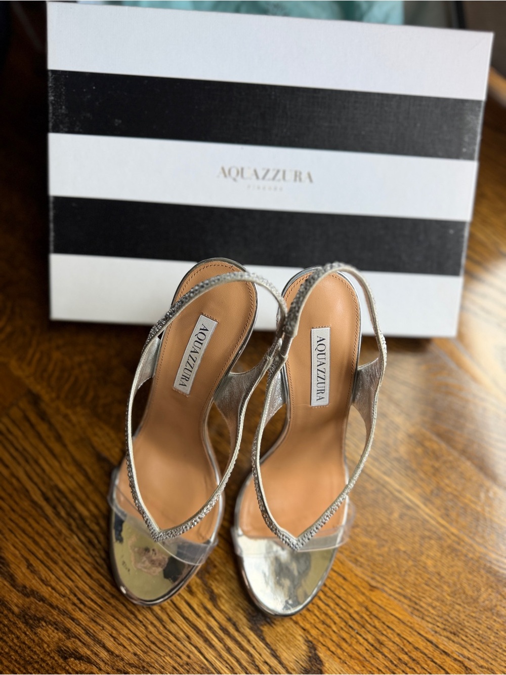 Aquazzura Izzy Metallic Strass Silver Slingback Cocktail Sandals Size 39 - Picture 2 of 9